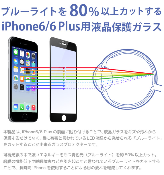 ブルーライトを80%以上カットするiPhone6/iPhone6 Plus用 液晶保護ガラス 本製品は、iPhone6/6 Plusの前面に貼り付けることで、液晶ガラスをキズや汚れから保護するだけでなく、目に有害と言われているLED液晶から発せられる「ブルーライト」をカットすることが出来るガラスプロテクターです。可視光線の中で強いエネルギーをもつ青色光(ブルーライト)を約80%以上カット。網膜の機能低下や睡眠障害などを引き起こすと言われているブルーライトをカットすることで、長時間iPhoneを使用することによる目の疲れを軽減してくれます。iPhone6&iPhone6 Plus 用 ブルーライトカット 全面フルカバー 液晶保護ガラス プロテクター