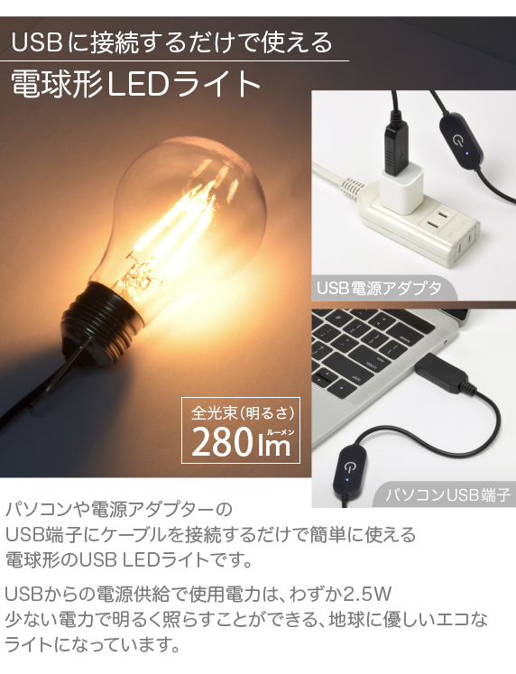 フィラメント式 USB LED電球 ライト KirameQ