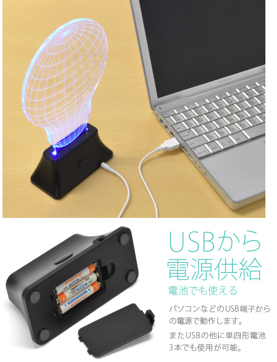 USBから電源供給 電池でも使える トリック 3Dワイヤーフレーム LEDライト USB